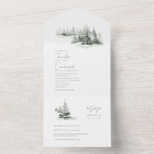 Rustikale Winterhochzeit Grün ID1049 All In One Einladung (Innen Boden)