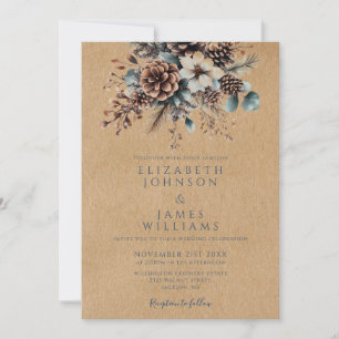 Rustikale Winterhochzeit mit floralem Tannenzapfen Einladung