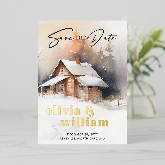 Rustikale Winterhochzeit Save the Date Folieneinladung (Stehend vorne)