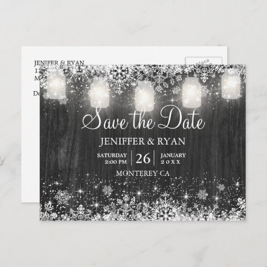 Rustikale Winterhochzeit Save the Date Postkarte (Vorne/Hinten)