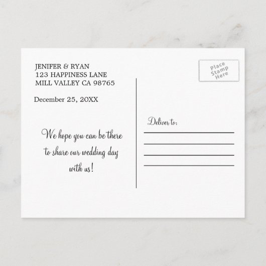 Rustikale Winterhochzeit Save the Date Postkarte (Rückseite)