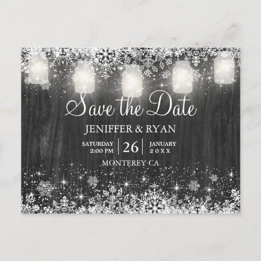 Rustikale Winterhochzeit Save the Date Postkarte (Vorderseite)