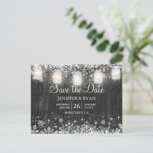 Rustikale Winterhochzeit Save the Date Postkarte (Stehend Vorderseite)