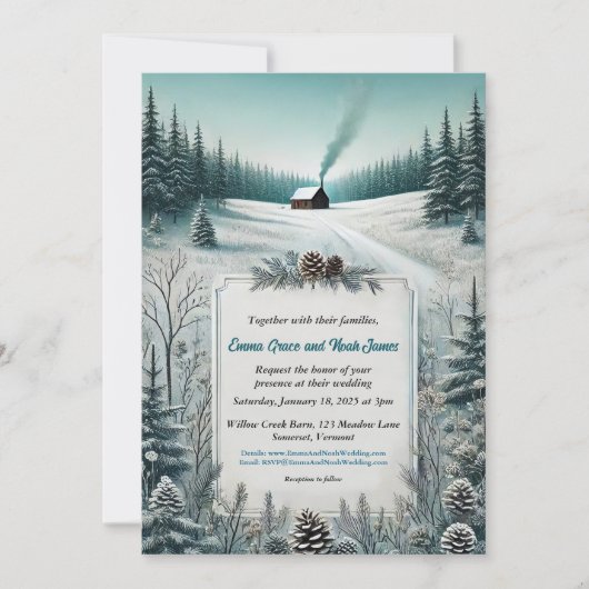 Rustikale Winterhütte Einladung Hochzeit (Vorderseite)