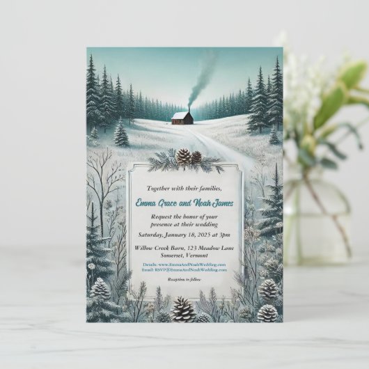 Rustikale Winterhütte Einladung Hochzeit (Stehend Vorderseite)