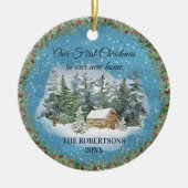 Rustikale Winterhütte Erste Weihnachtsfeier Neues  Keramik Ornament (Vorne)