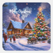 Rustikale Winterhütte Gemütlicher Weihnachtsschnee Quadratischer Aufkleber (Vorderseite)