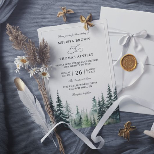 Rustikale Winterkiefern Budget QR-Code Hochzeit Einladung