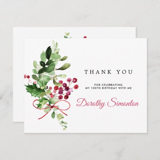 Rustikale Winterlandschaft 100. Geburtstag Dankeskarte (Vorne/Hinten)