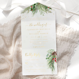 Rustikale Winterlandschaft Berries Pine Cone Weddi All-in-One-Einladung