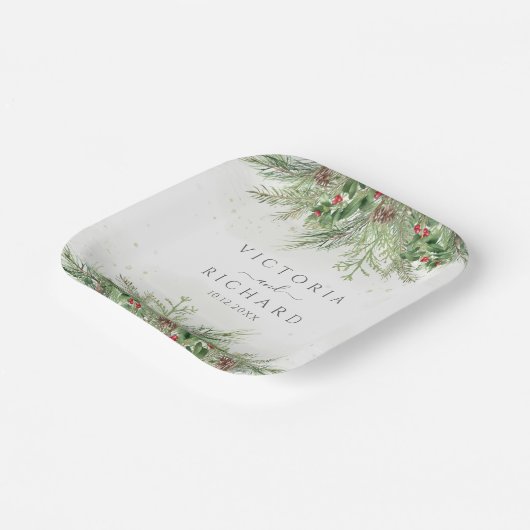 Rustikale Winterlandschaft Berries Pine Cone Weddi Pappteller (Gewinkelt)