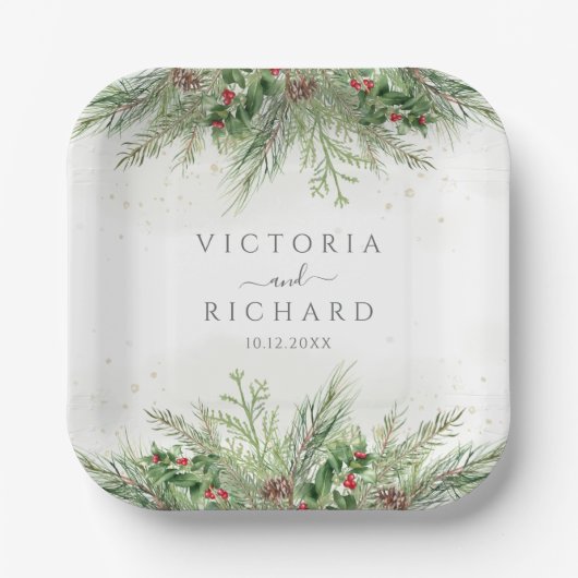 Rustikale Winterlandschaft Berries Pine Cone Weddi Pappteller (Vorderseite)