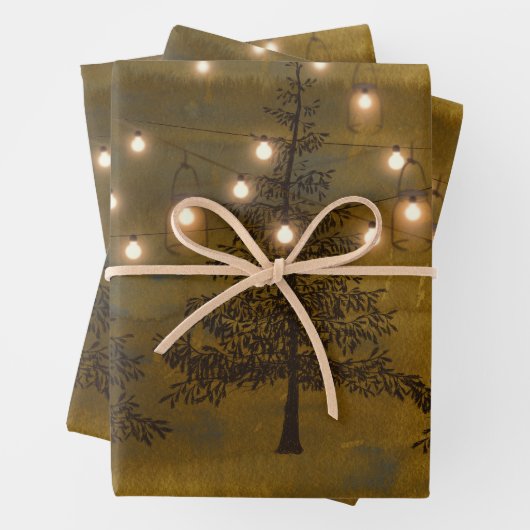Rustikale Winterlandschaft Goldene Lichter Geschenkpapier Set (Beispiel)
