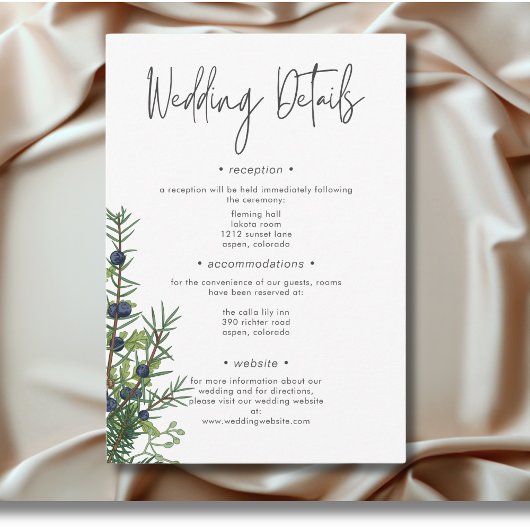 Rustikale Winterlandschaft & Pine Wedding Details Begleitkarte