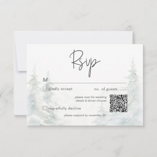 Rustikale Winterlandschaft Wasserfarbe QR Code RSVP Karte (Vorderseite)