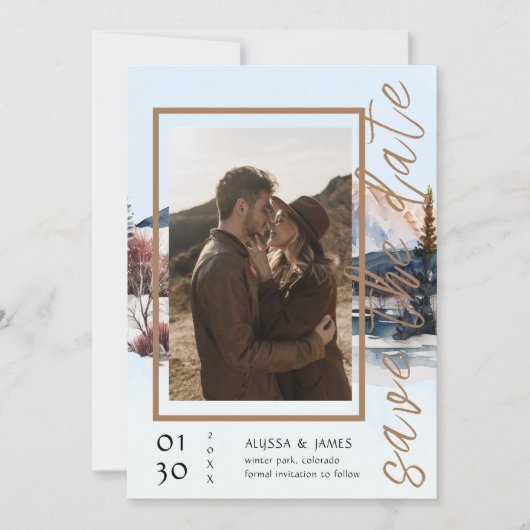 Rustikale Winterlodge im Gebirge Save the Date Einladung (Vorderseite)