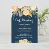 Rustikale Wintermarinebelpfirsiche Blütenhochzeit Einladung (Stehend Vorderseite)