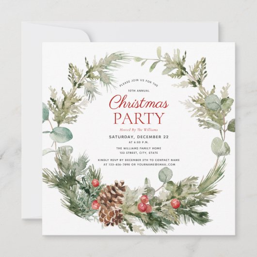 Rustikale Winterpine Berry Wreath Urlaubsparty Einladung (Vorderseite)