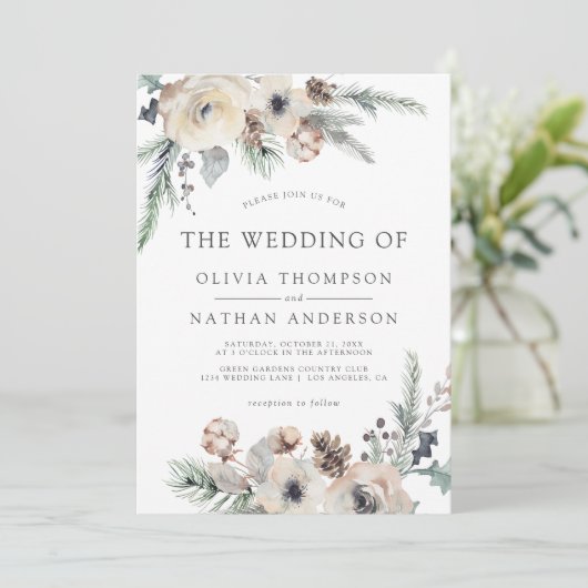 Rustikale Winterpine Botanische Blumenhochzeit Einladung (Stehend Vorderseite)