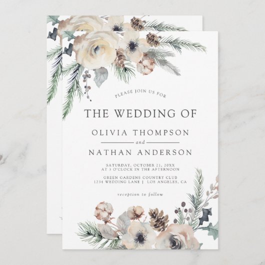 Rustikale Winterpine Botanische Blumenhochzeit Einladung (Vorne/Hinten)