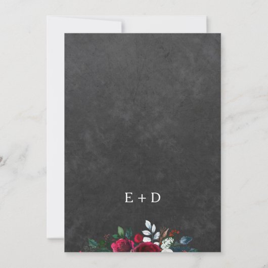 Rustikale Winterschalkpappe Bordeaux Blumenhochzei Einladung (Rückseite)