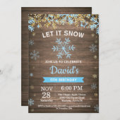 Rustikale Winterschneeflocke Blau und Gold Boy Geb Einladung (Vorne/Hinten)