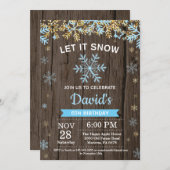 Rustikale Winterschneeflocke Blau und Gold Boy Geb Einladung (Vorne/Hinten)