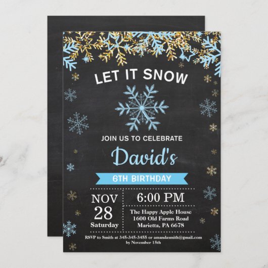 Rustikale Winterschneeflocke Blau und Gold Boy Geb Einladung (Vorne/Hinten)