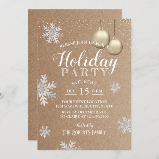 Rustikale Winterschneeflocken Feiertag Kraft Einladung (Vorne/Hinten)