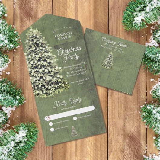 Rustikale Winterschneeflocken Grüne Weihnachtsfeie All In One Einladung