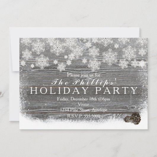 Rustikale Winterschneeflocken & Pinecones Einladun Einladung (Vorderseite)