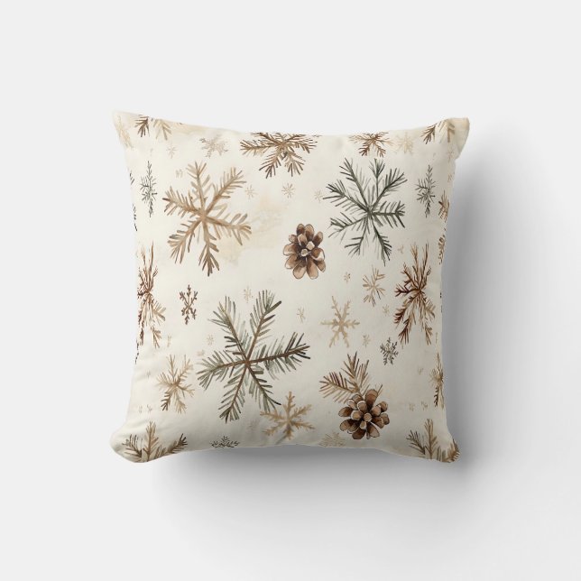 Rustikale Winterschneeflocken und Pinecone Kissen (Vorderseite)