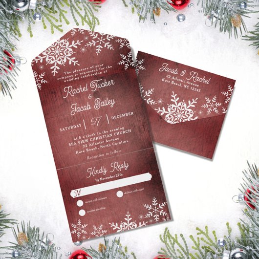 Rustikale Winterschneeflocken Weihnachten Rote Wei All In One Einladung