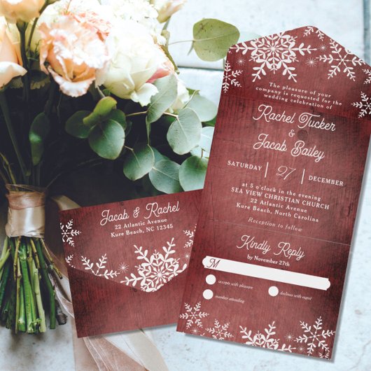 Rustikale Winterschneeflocken Weihnachten Rote Wei All In One Einladung