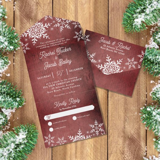 Rustikale Winterschneeflocken Weihnachten Rote Wei All In One Einladung