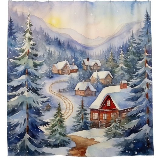 Rustikale Winterschornsteinfelsen Schneebäume Duschvorhang (Vorderseite)