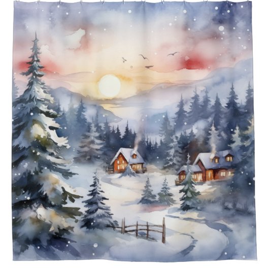 Rustikale Winterschornsteinfelsen Schneebäume Duschvorhang (Vorderseite)