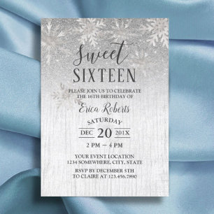 Rustikale WinterSilberschneeflocken Sweet 16 Party Einladung