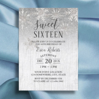 Rustikale WinterSilberschneeflocken Sweet 16 Party Einladung
