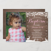Rustikale Wintertaube Taufe Girl Foto Einladung (Vorne/Hinten)
