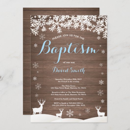 Rustikale Wintertaubentaufe Einladung (Vorne/Hinten)