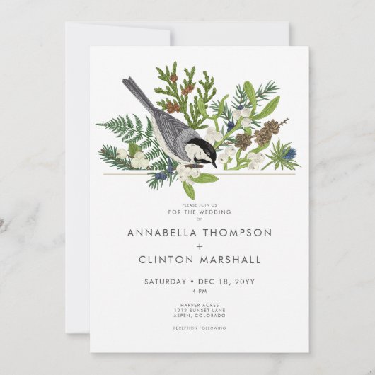 Rustikale Wintervögel & Pine Bouquet Wedding Einladung (Vorderseite)