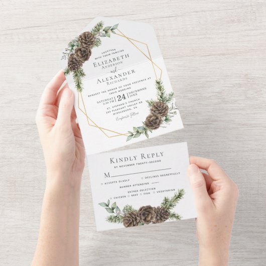 Rustikale Winterwaldkuchen Kiefernkiefer Hochzeit All In One Einladung (Abreißen)