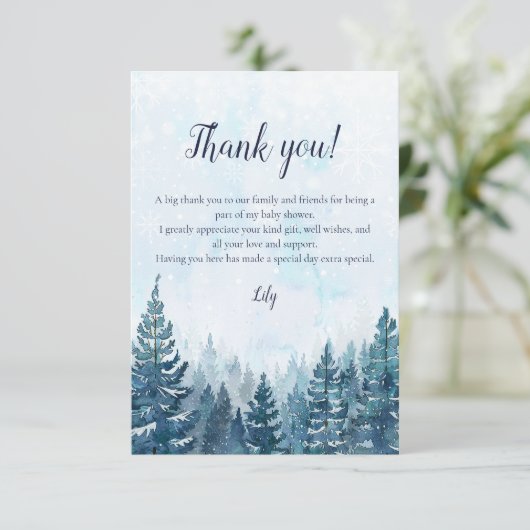 Rustikale Winterwatercolor Pine Forest Kinderdusch Dankeskarte (Stehend Vorderseite)