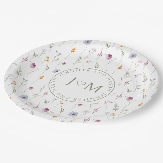Rustikale winzige Blume Monogramm Hochzeitspapier Pappteller (Schrägansicht)