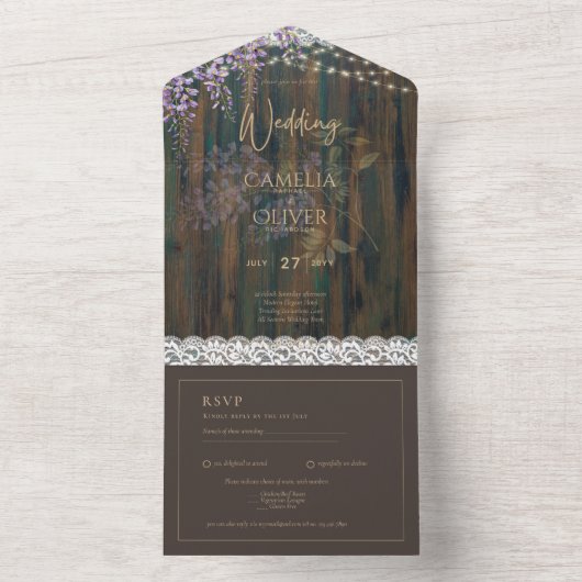 Rustikale Wisteria Wood Lights Lila Hochzeit All In One Einladung (Innen Boden)