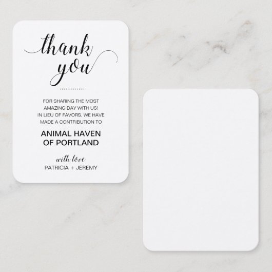 Rustikale Wohltätigkeit spenden Danke Hochzeit Platzkarte (Vorne/Hinten)