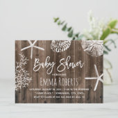 Rustikale Wood Beach Starfish & Seashells Babydusc Einladung (Stehend Vorderseite)