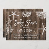 Rustikale Wood Beach Starfish & Seashells Babydusc Einladung (Vorne/Hinten)