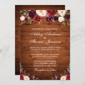 Rustikale Wood Burgund Blumenhochzeit Einladung (Vorne/Hinten)